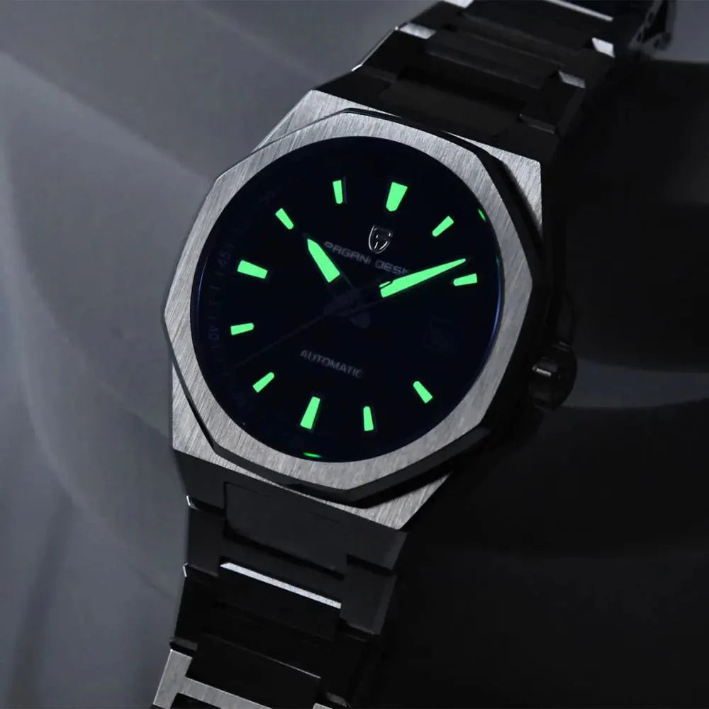 Pagani Design PD-YS023 lume shot with green glowing markers and hands on the dark dial