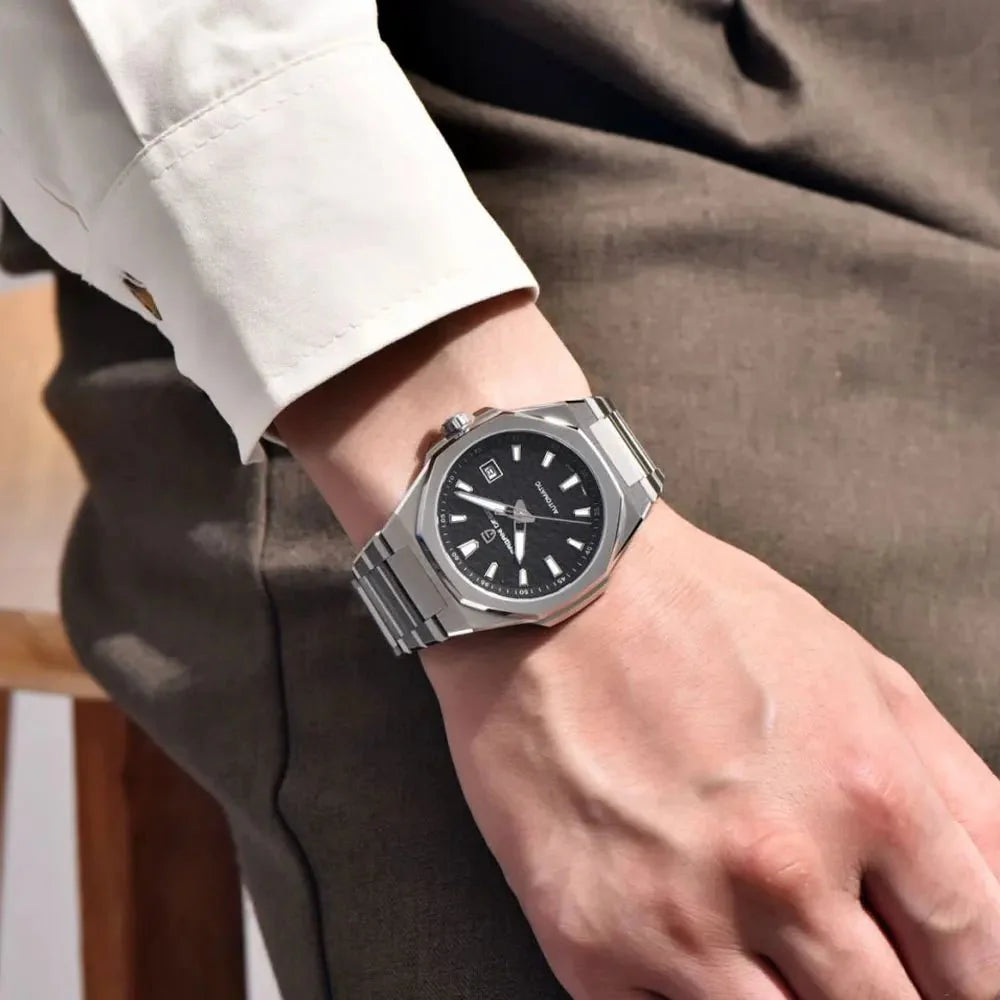 Pagani Design PD-YS023 black dial worn on wrist, showing bracelet drape and case size
