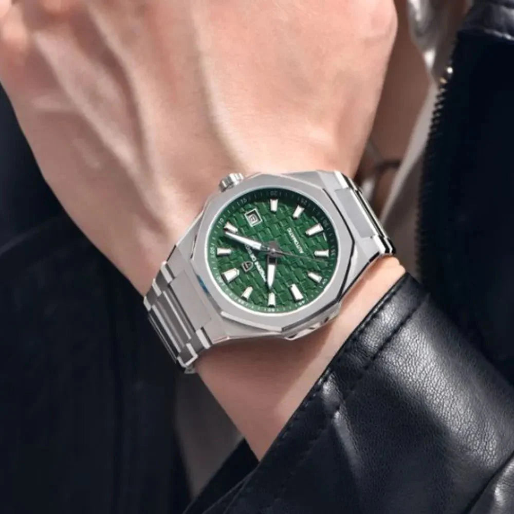 Pagani Design PD-YS023 green dial model worn on wrist beside a leather jacket