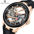 Pagani Design PD-YS030 rose gold and black skeleton automatic watch on a black rubber strap