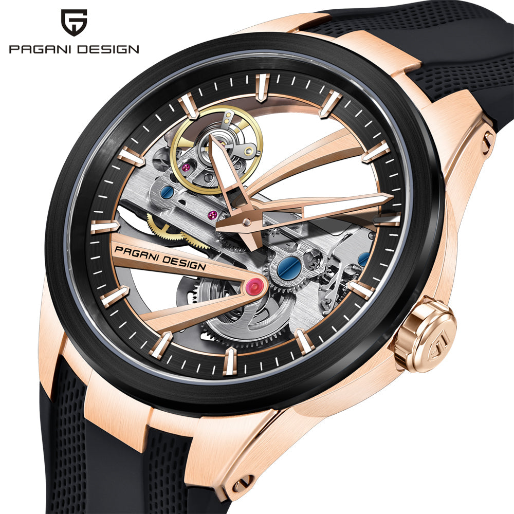 Pagani Design PD-YS030 rose gold and black skeleton automatic watch on a black rubber strap