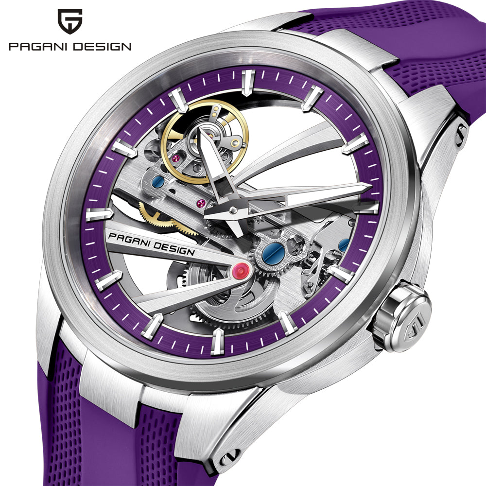 Pagani Design PD-YS030 silver case purple skeleton dial automatic on a purple rubber strap