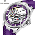 Pagani Design PD-YS030 silver case purple skeleton dial automatic on a purple rubber strap