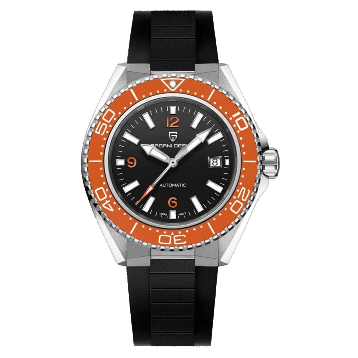 Pagani Design PD-YS034 orange bezel and black dial on black rubber strap, steel automatic diver