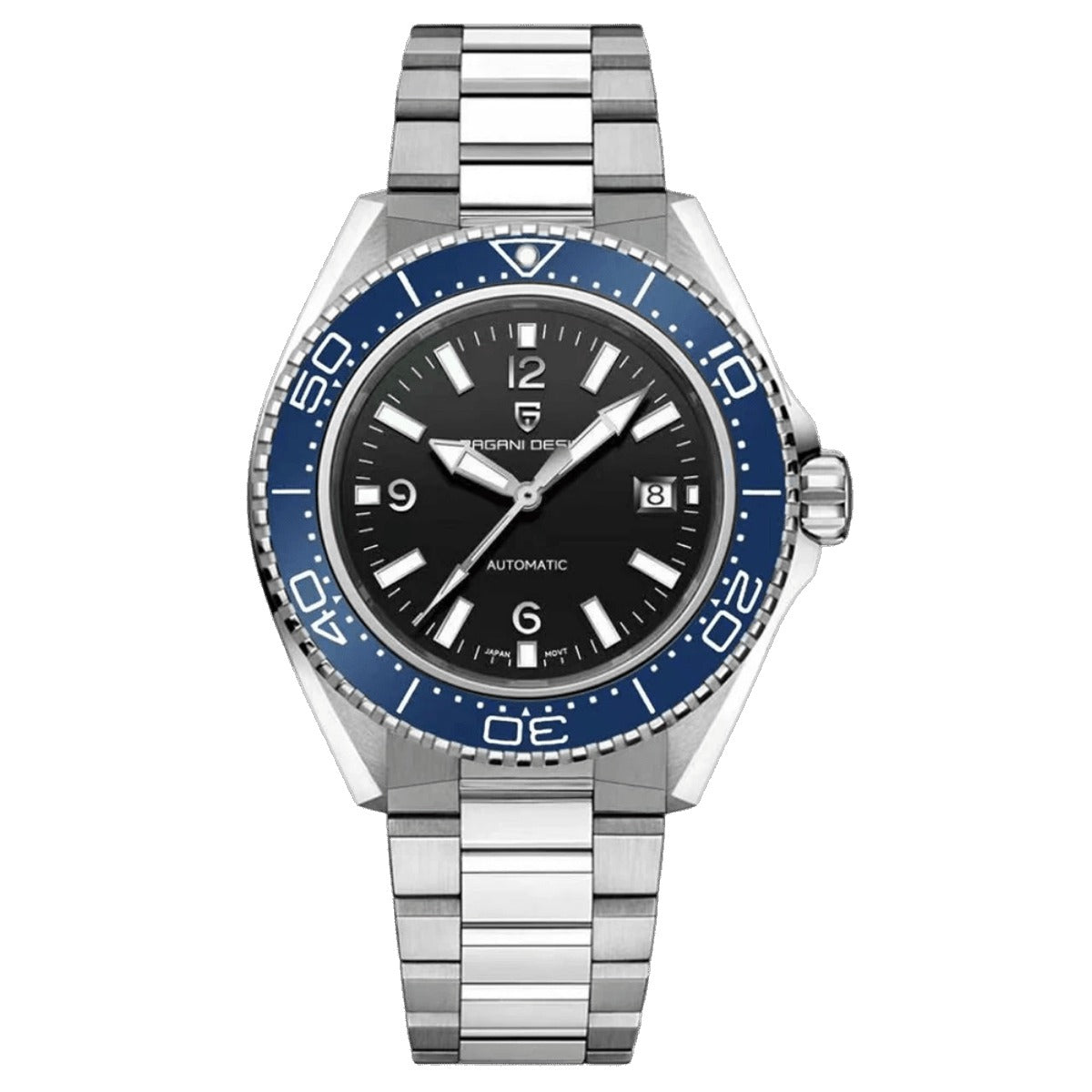 Pagani Design PD-YS034 black dial with blue dive bezel, stainless steel bracelet, 100M automatic