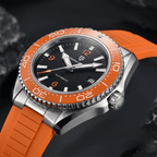 Pagani Design PD-YS034 close angle of orange rubber strap, orange bezel and knurled screw-down crown