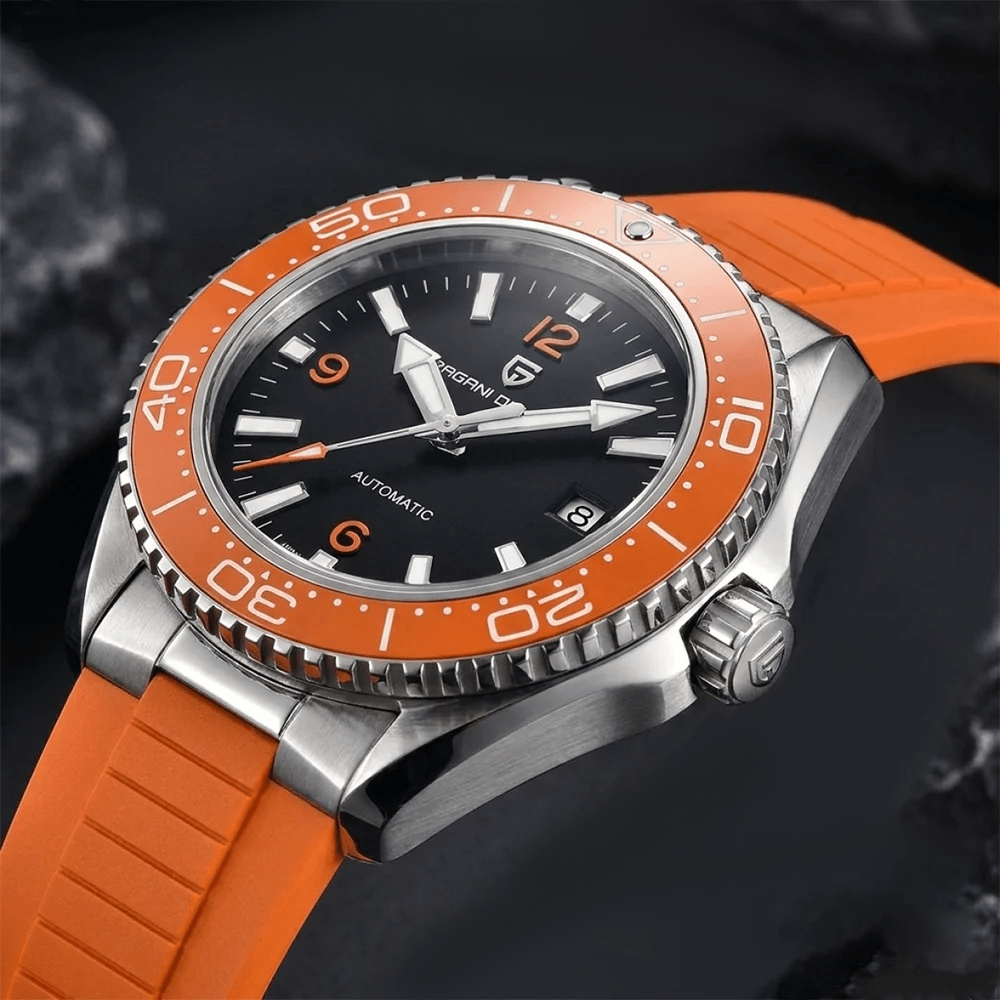 Pagani Design PD-YS034 close angle of orange rubber strap, orange bezel and knurled screw-down crown