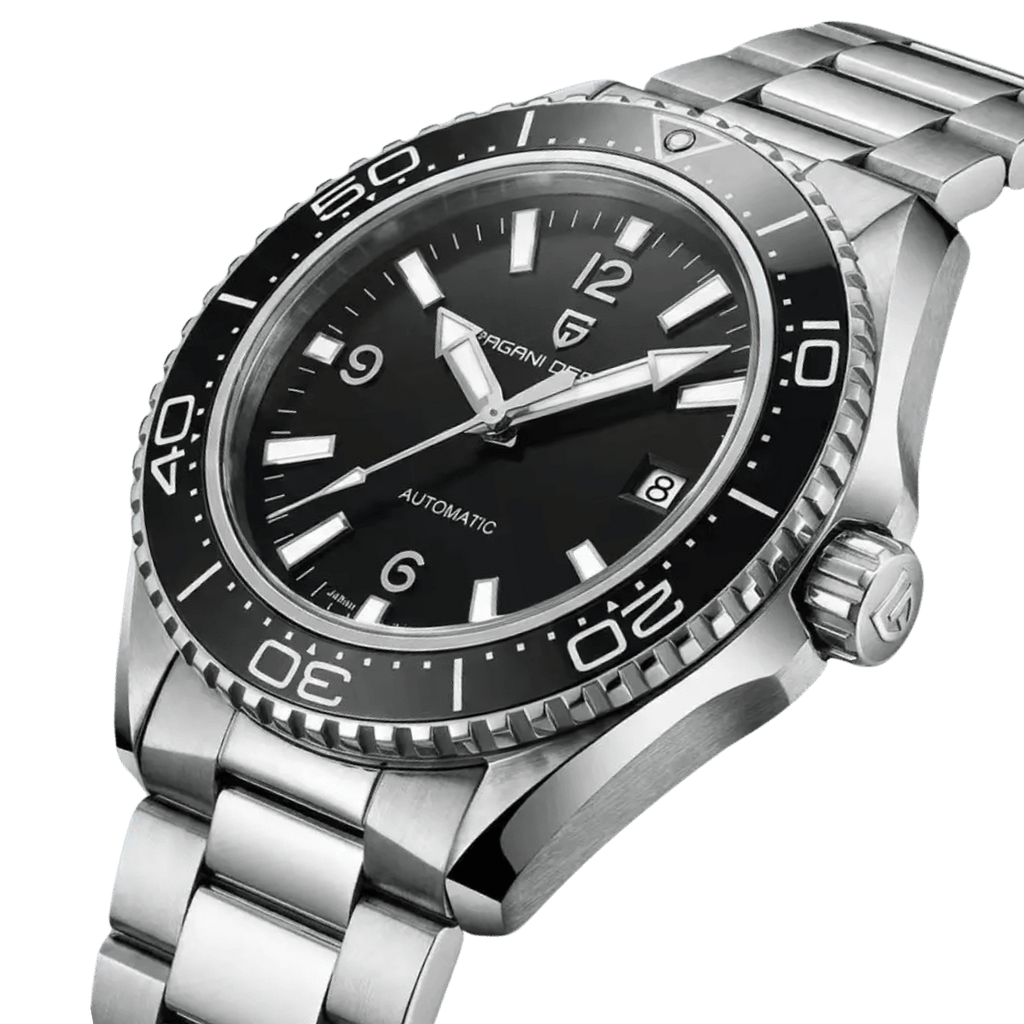 Pagani Design PD-YS034 angled view showing brushed steel case, coin-edge dive bezel and crown