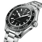 Pagani Design PD-YS034 angled view showing brushed steel case, coin-edge dive bezel and crown