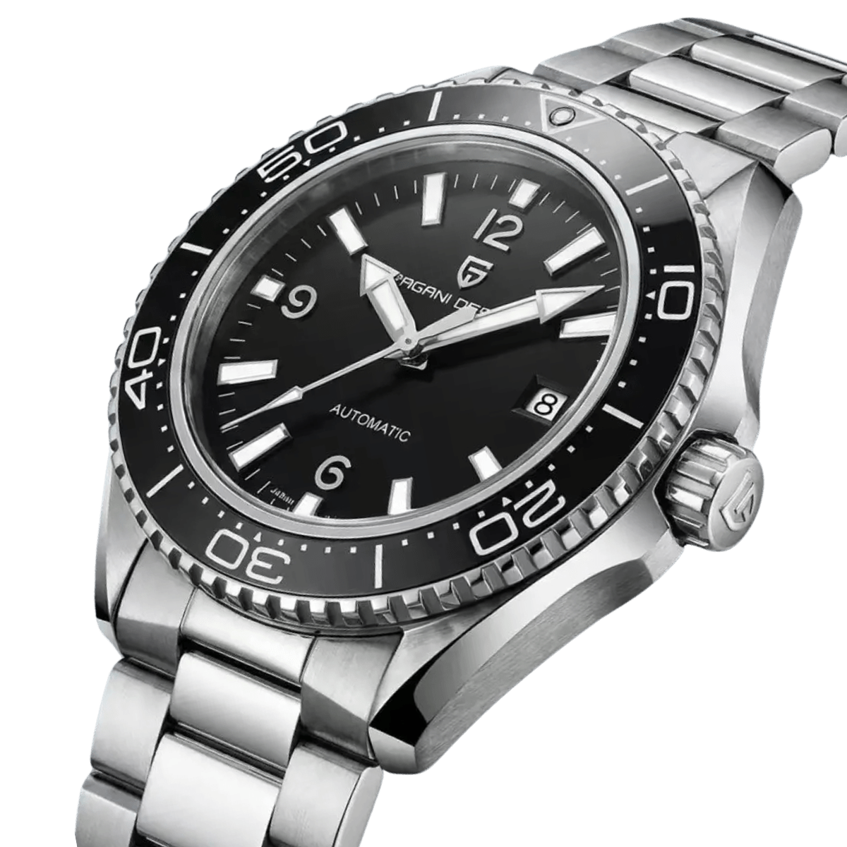 Pagani Design PD-YS034 angled view showing brushed steel case, coin-edge dive bezel and crown