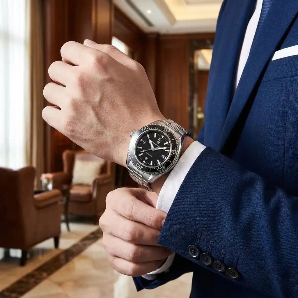 Pagani Design PD-YS034 black dial diver worn with a suit, steel bracelet styled for formal wear