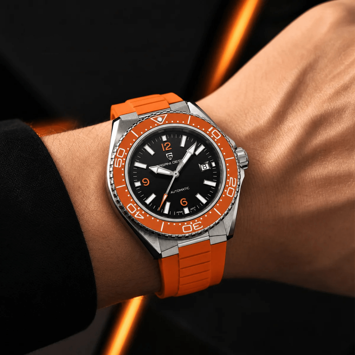 Pagani Design PD-YS034 worn on wrist with orange rubber strap, showing case size and bezel scale