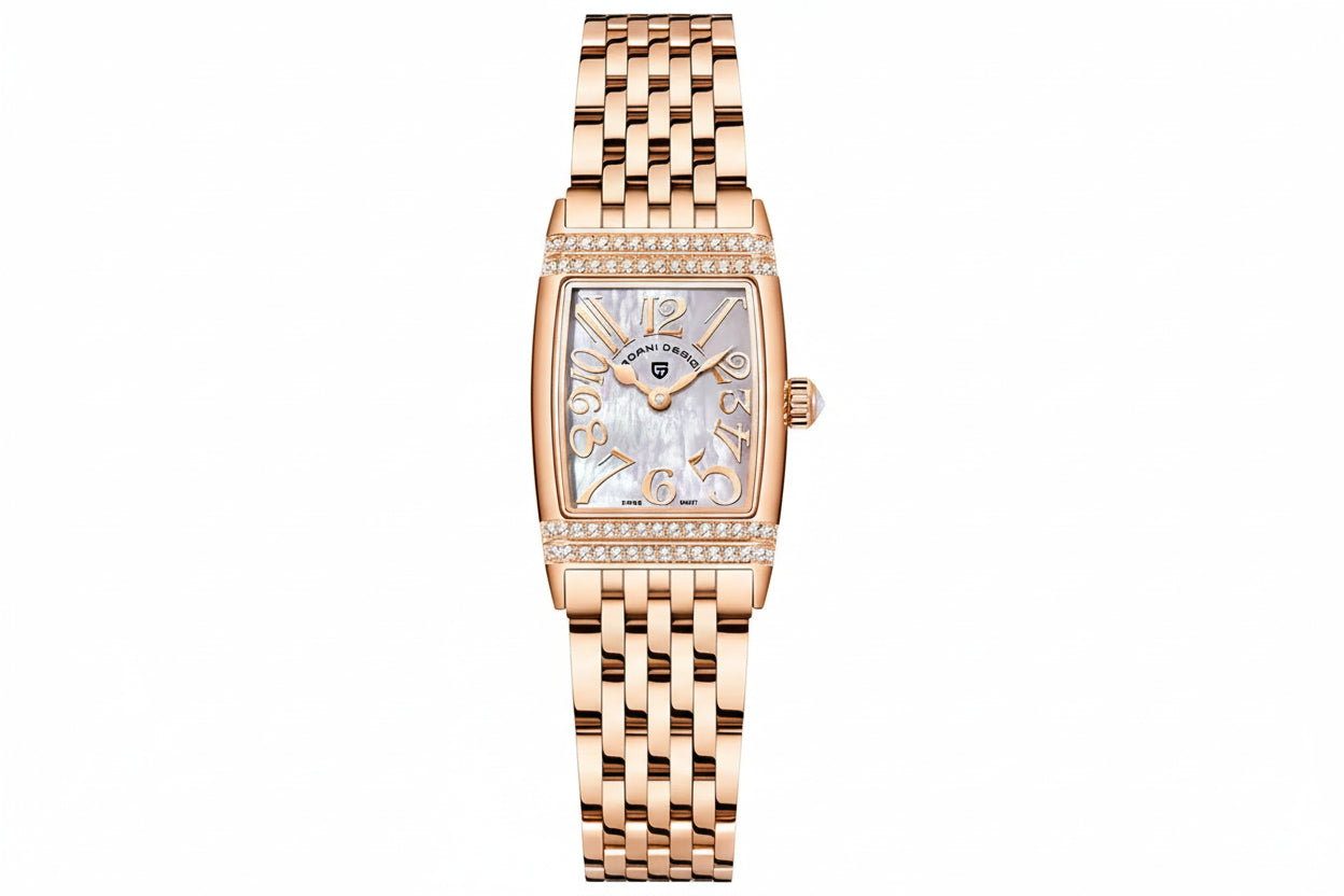 PAGANI DESIGN PD-1737 women's square watch detail with mother-of-pearl dial and rose gold case