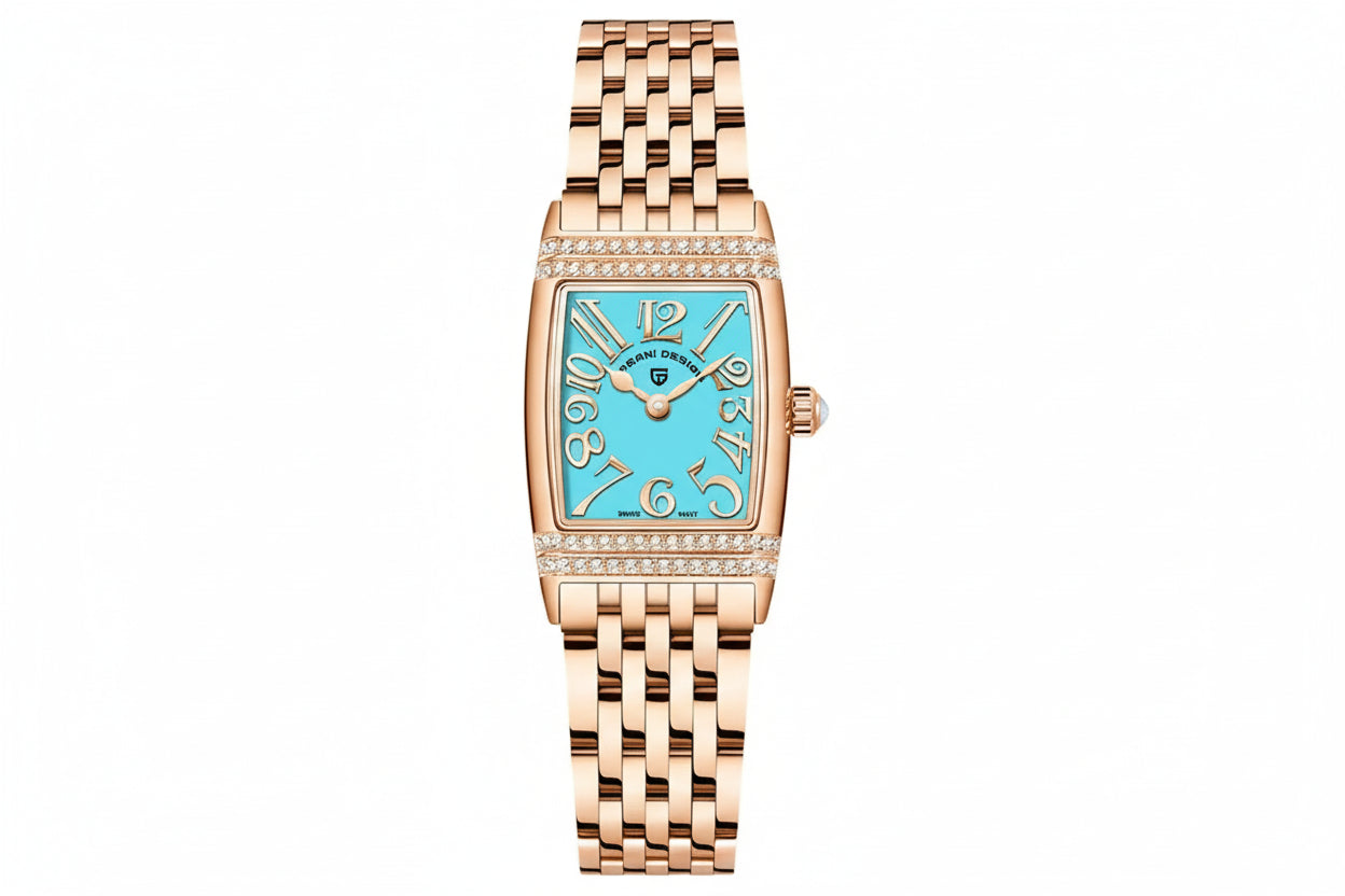 PAGANI DESIGN PD-1737 women's square watch with red dial and rose gold bracelet, side view