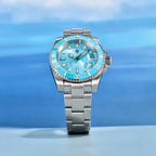 Pagani Design PD-1661 sky blue dial men's automatic watch, ocean backdrop, front view