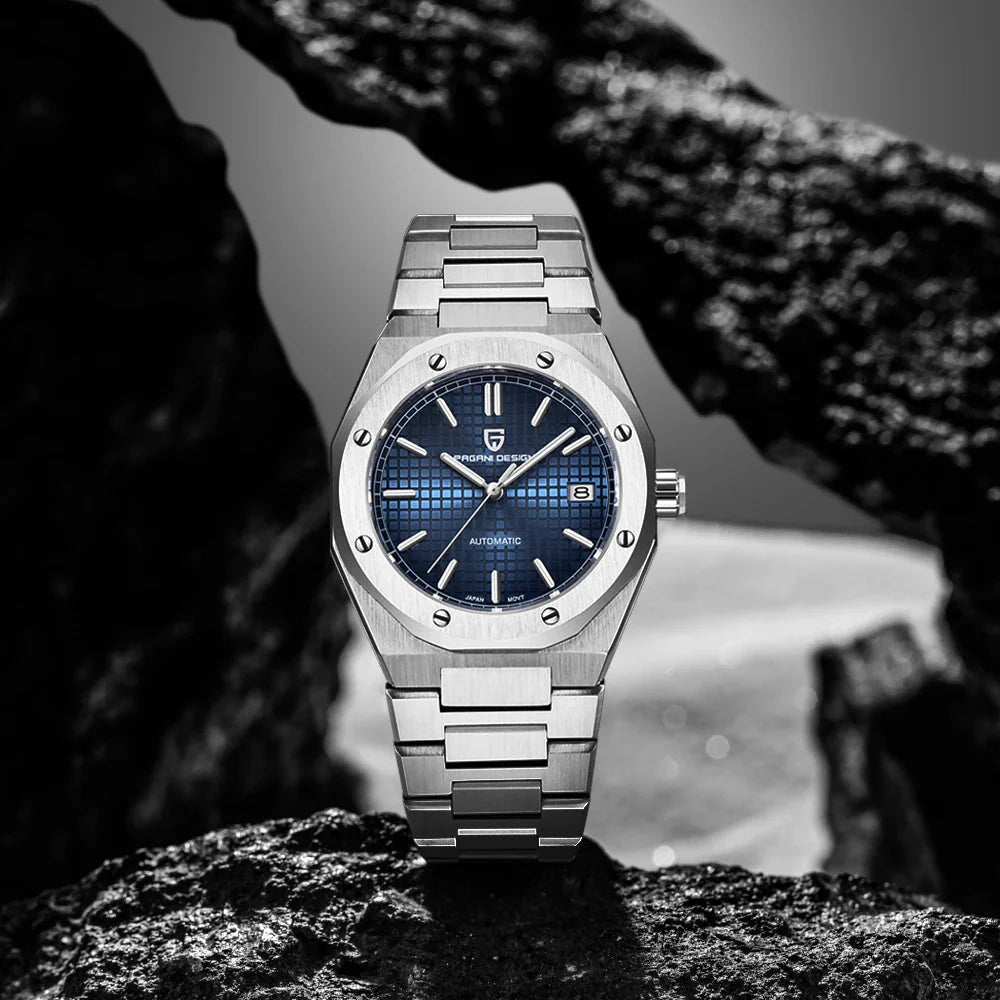 Pagani Design PD-1673 blue dial men's automatic watch displayed on rocks