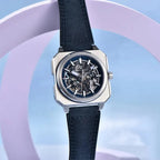 Pagani Design PD-1791 blue skeleton dial men's automatic watch, navy leather strap, side angle