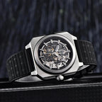 Pagani Design PD-1791 black skeleton dial men's automatic watch, black silicone strap close-up