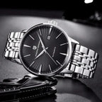 Pagani Design PD-2770 black dial men's automatic watch, steel bracelet, dramatic side view