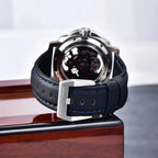 Pagani Design PD-YS017 steel buckle clasp and blue-stitched leather strap close-up