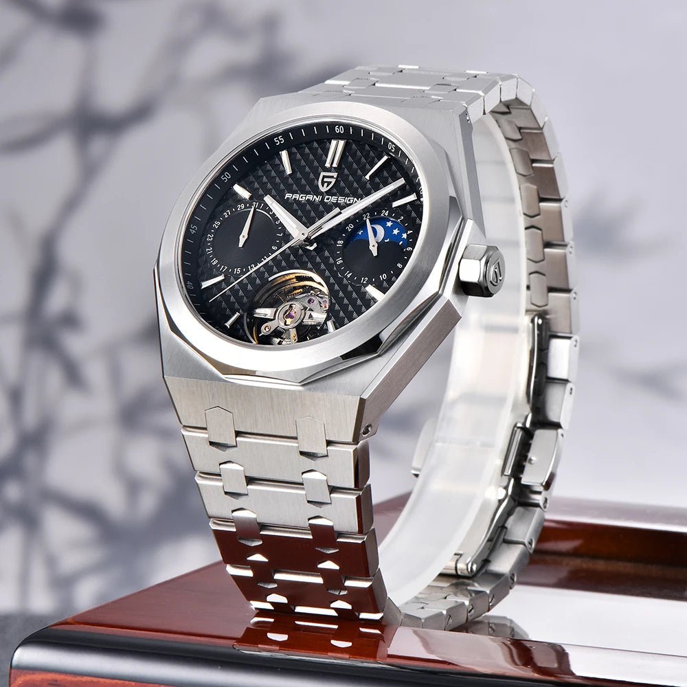 Pagani Design PD-YS036 silver black watch angled on a display stand