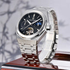 Pagani Design PD-YS036 silver black watch angled on a display stand