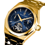 Pagani Design PD-YS036 gold blue close-up of textured dial, moon phase subdial and open heart balance wheel
