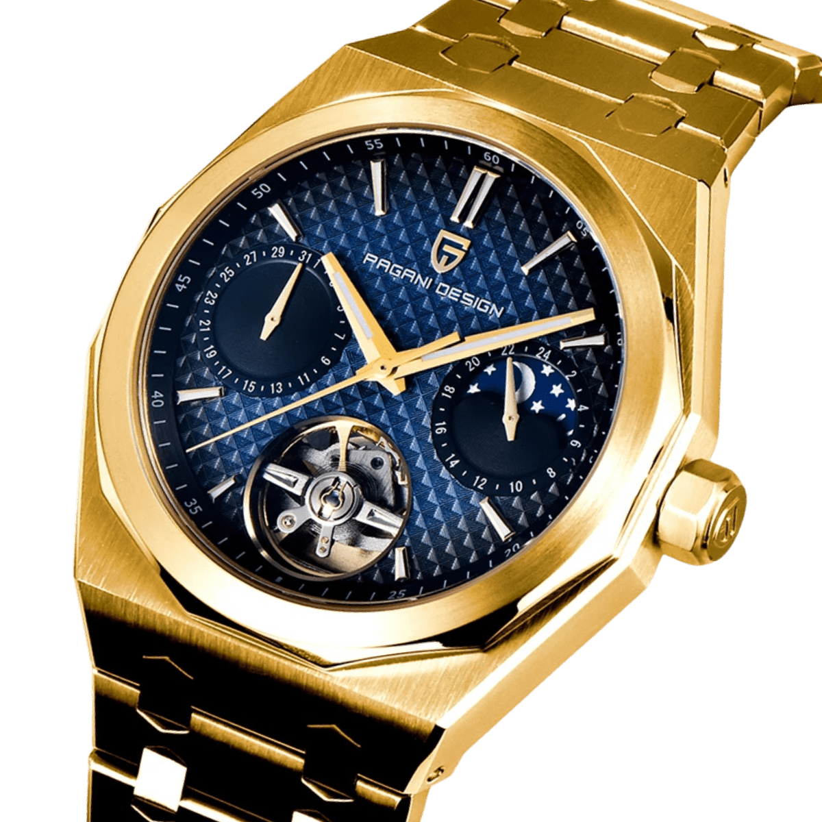 Pagani Design PD-YS036 gold blue close-up of textured dial, moon phase subdial and open heart balance wheel