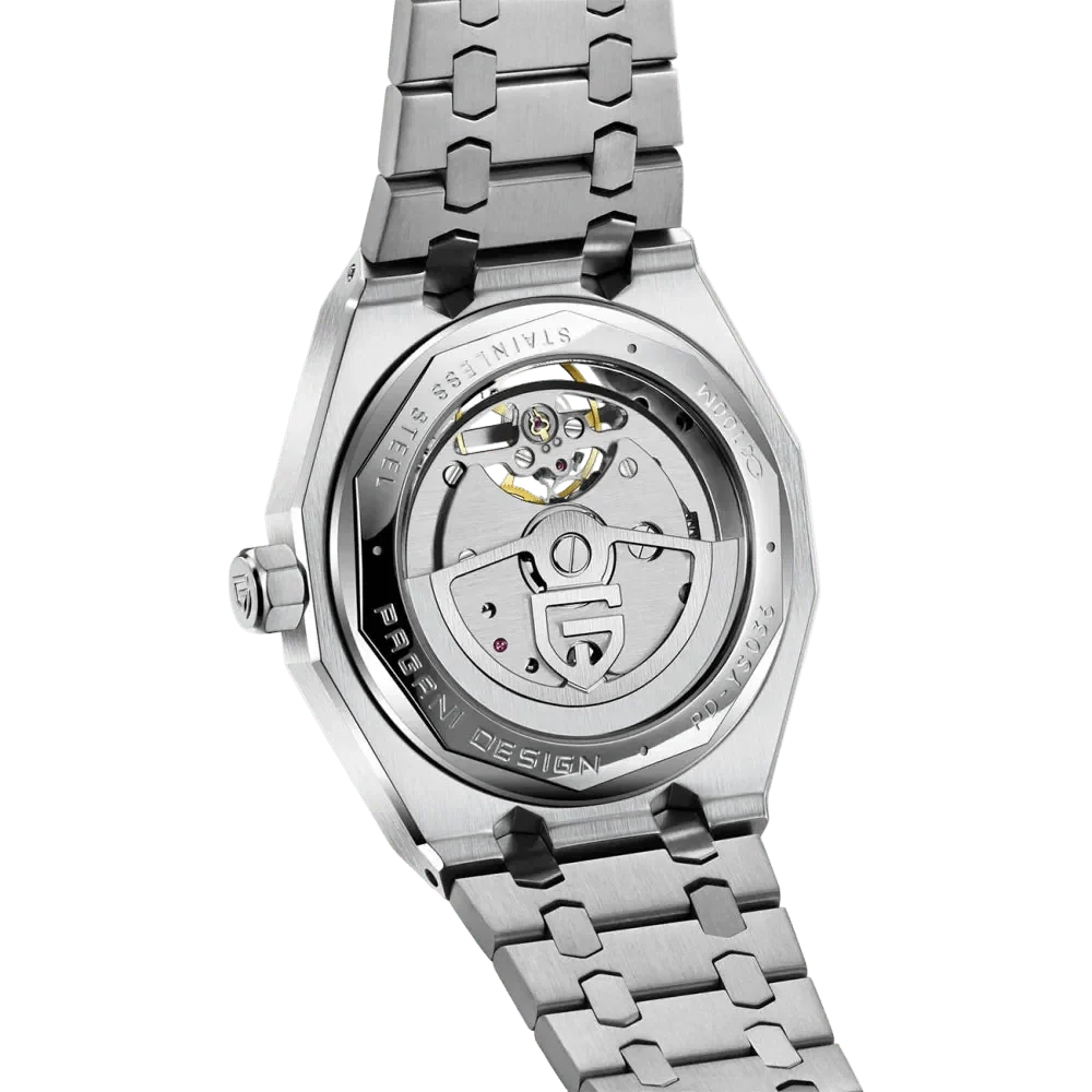 Pagani Design PD-YS036 exhibition caseback showing the automatic movement and rotor