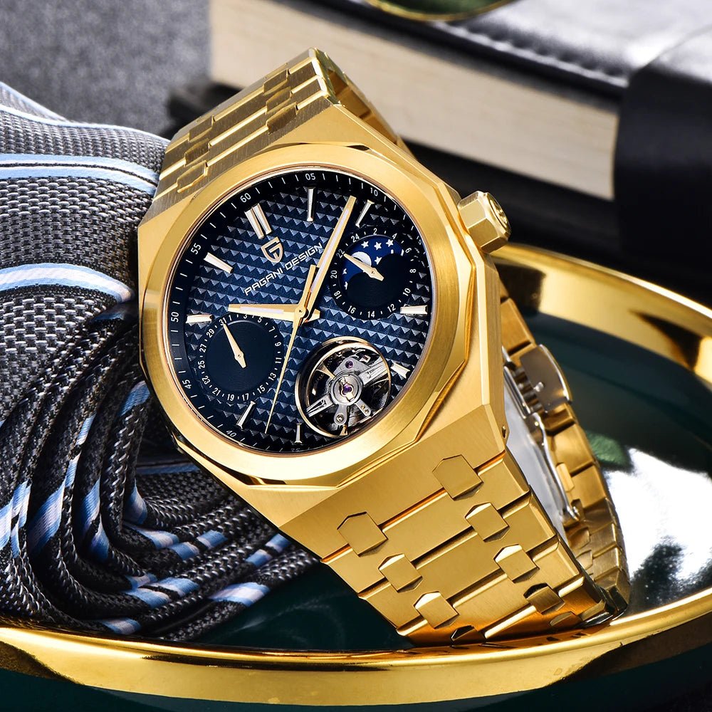 Pagani Design PD-YS036 gold blue watch angled on a gold tray