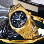 Pagani Design PD-YS036 gold blue watch angled on a gold tray