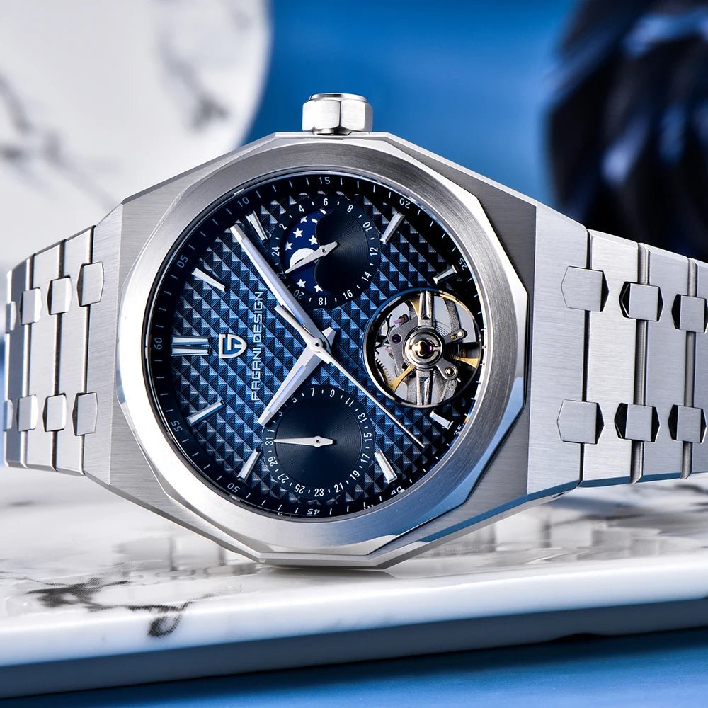 Pagani Design PD-YS036 silver blue watch on white marble