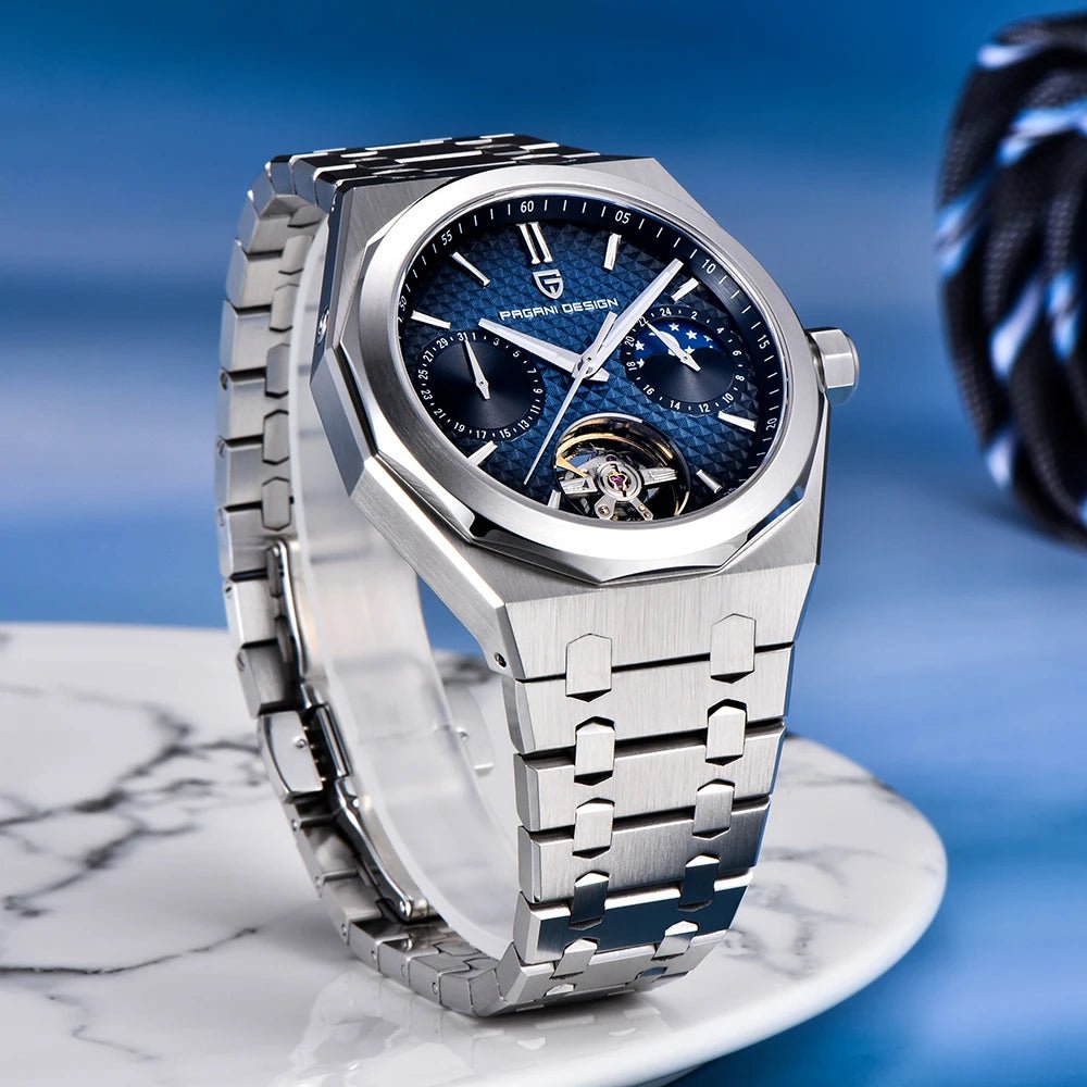 Pagani Design PD-YS036 silver blue standing upright, side profile of case and bracelet