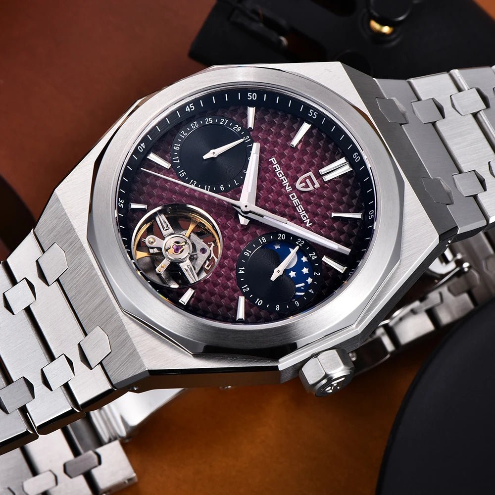 Pagani Design PD-YS036 silver red close-up of the burgundy gradient dial