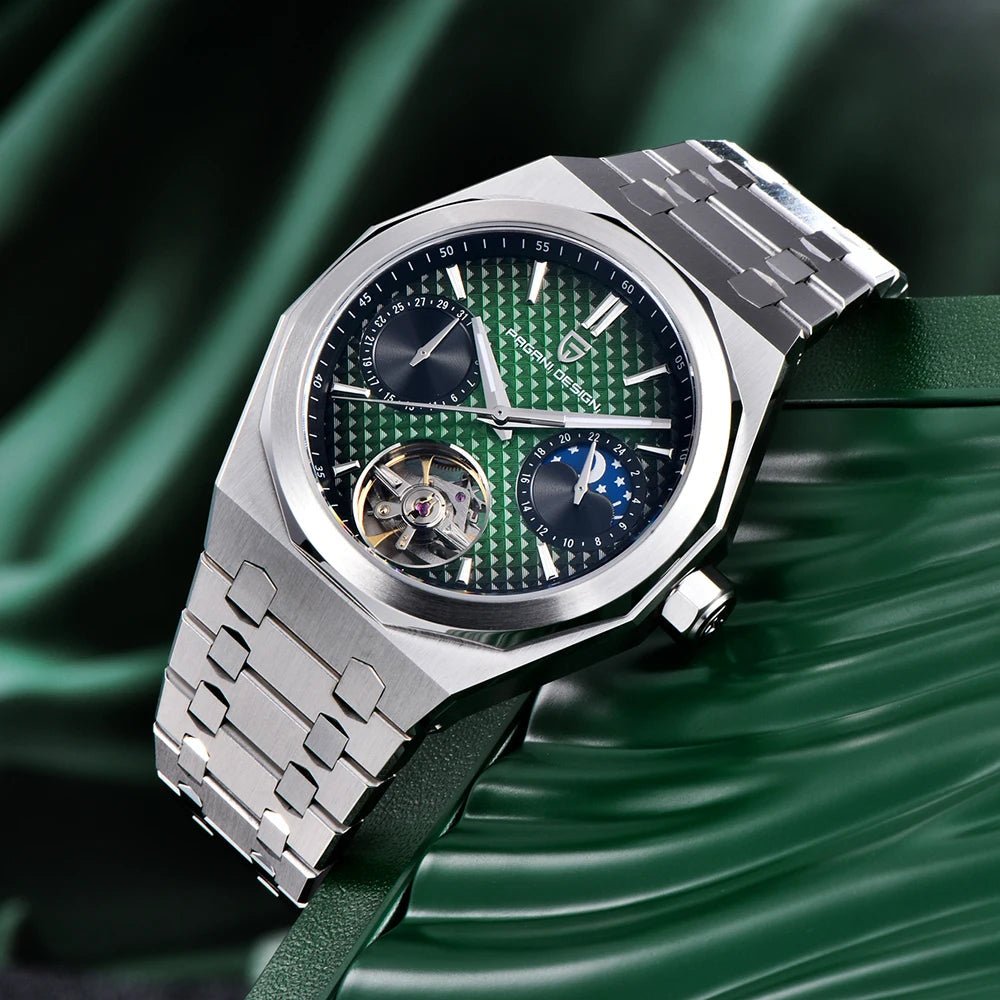 Pagani Design PD-YS036 silver green watch on green fabric