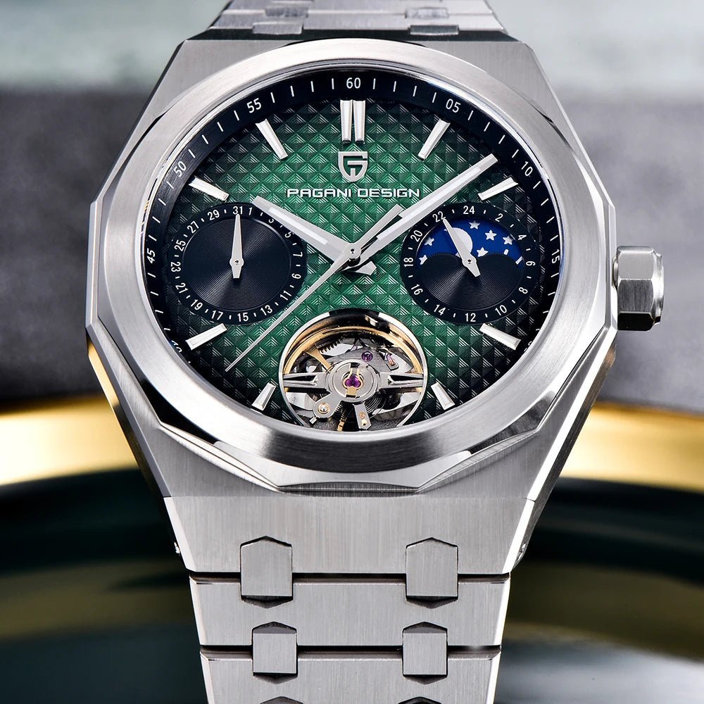 Pagani Design PD-YS036 silver green close-up of the gradient green dial