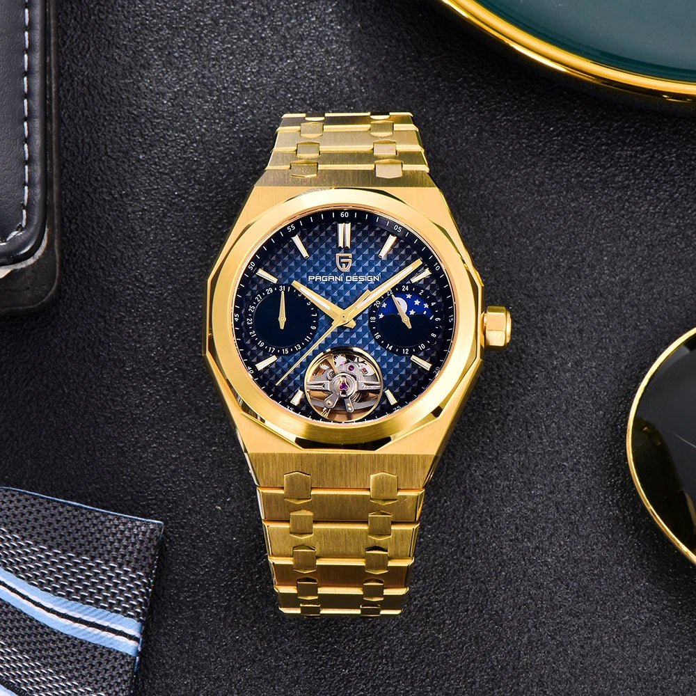 Pagani Design PD-YS036 gold blue watch laid flat on dark fabric