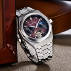 Pagani Design PD-YS036 silver red watch leaning against a wooden box