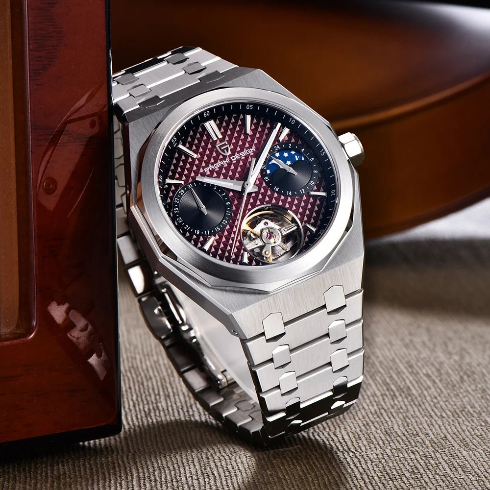 Pagani Design PD-YS036 silver red watch leaning against a wooden box