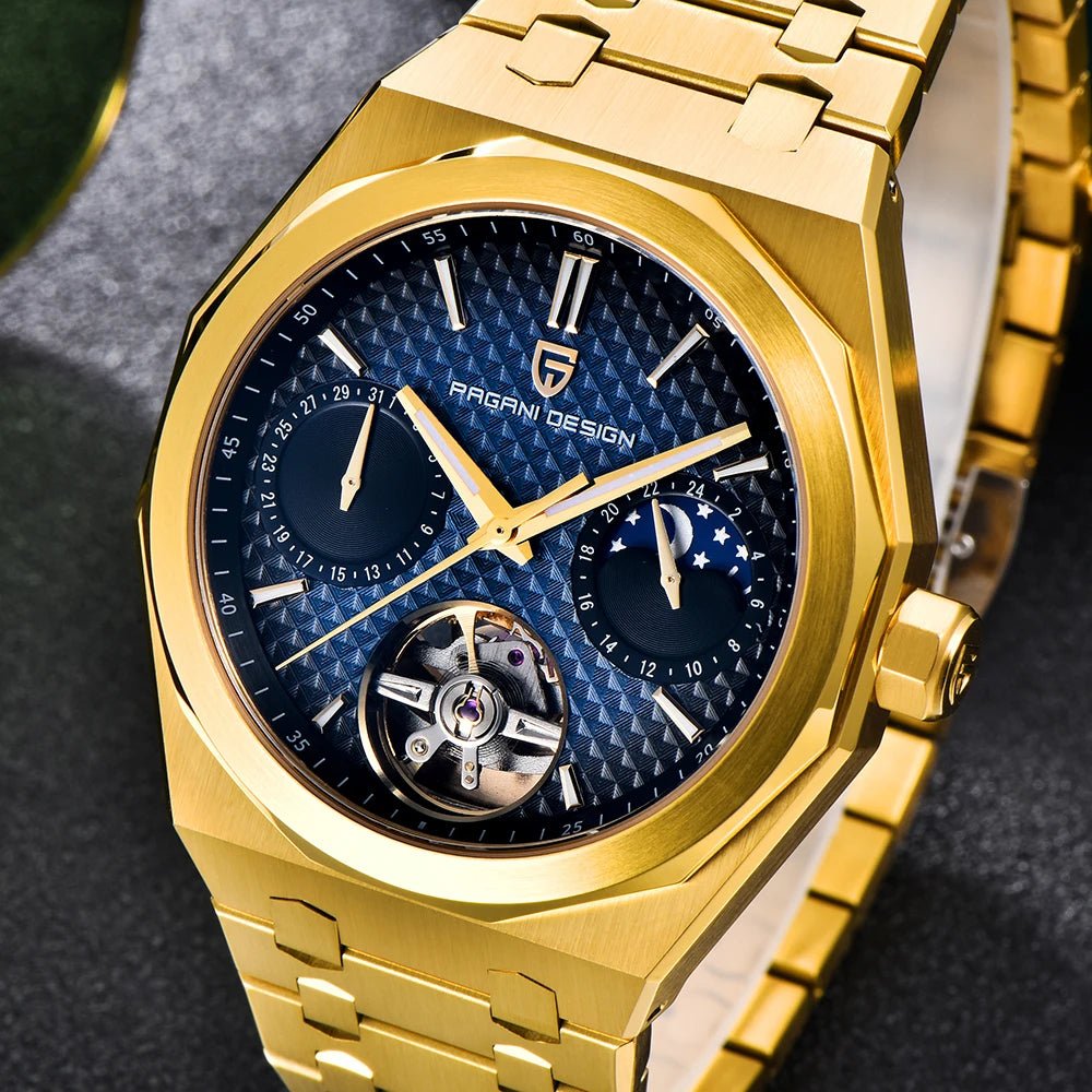 Pagani Design PD-YS036 gold blue angled view of the octagonal bezel and crown