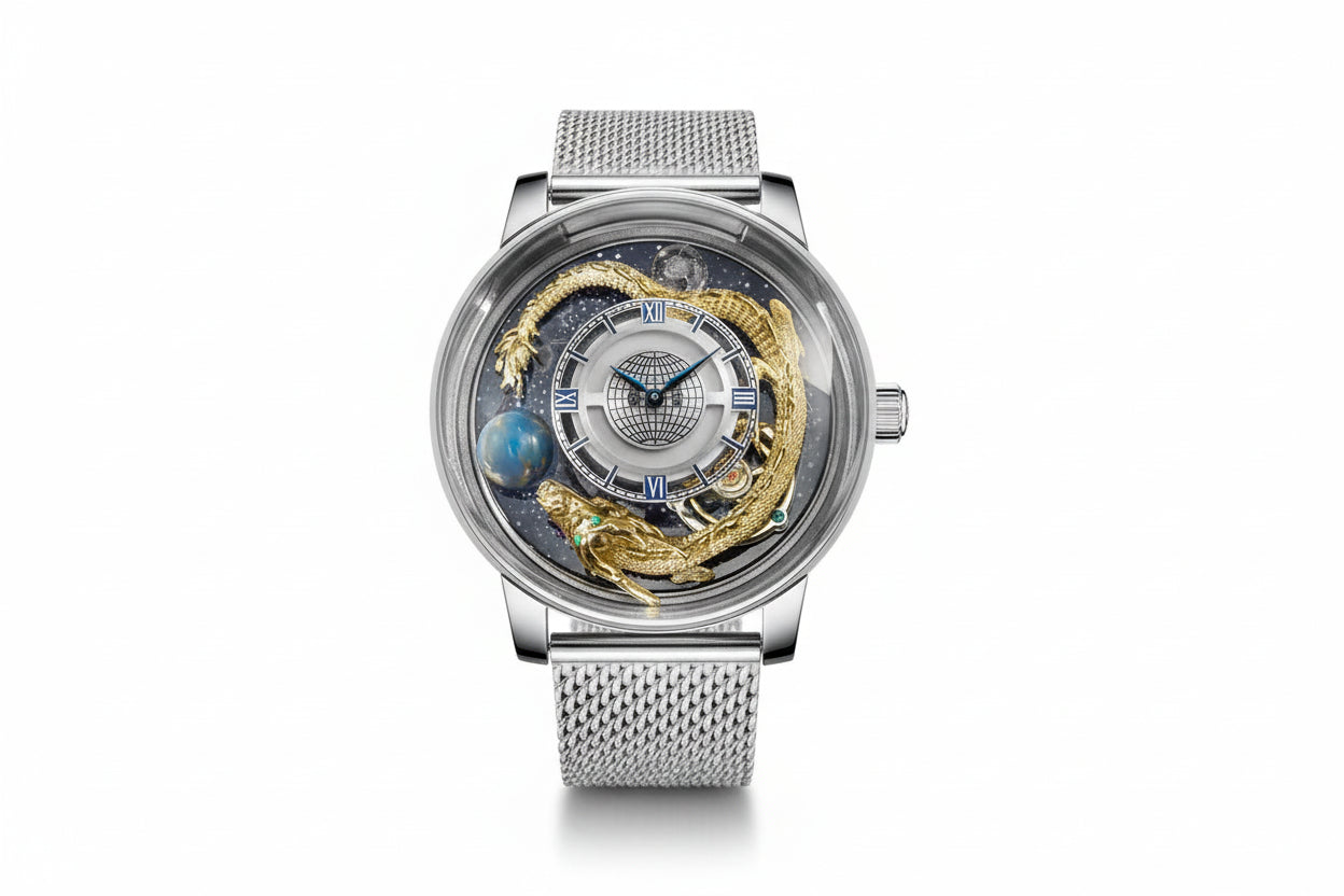 PINDU 6532 Tianlong Dragon Edition Quartz Watch with all silver dial, shown on wrist