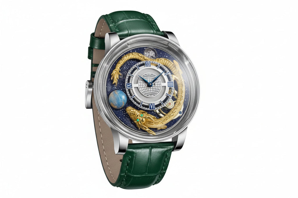 PINDU 6532 Tianlong Dragon Edition Quartz Watch with silver green dial, angled view