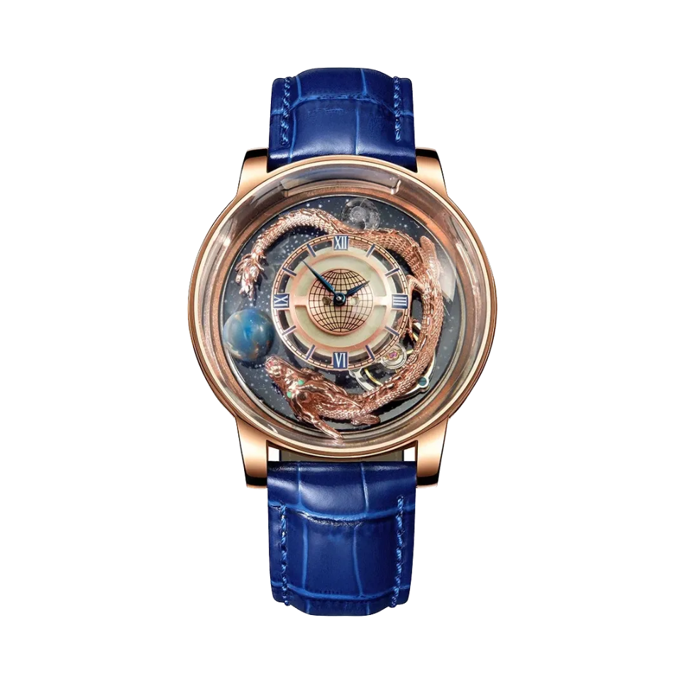 PINDU 6532 Minimalist Dial Menâ€™s Watch with blue gold dial, angled view