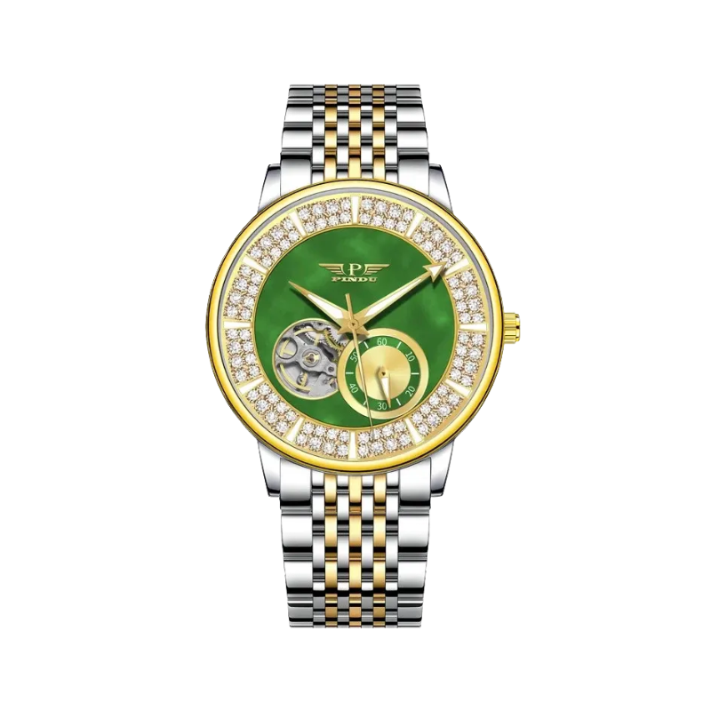 PINDU 6593 / 6581 Tourbillon Classic Chronograph Watch with green dial, detail view