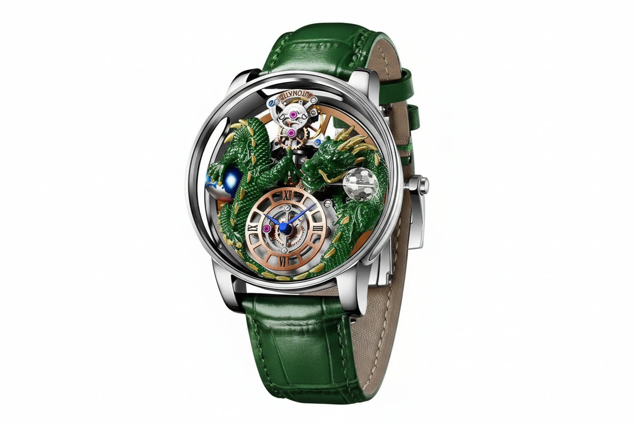 PINDU 6622 Celestial Body Series Artisanat Three Dimensional Dragons with silver green dial, shown on wrist