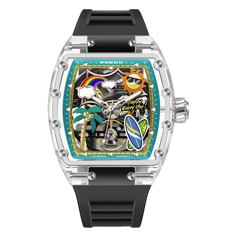 PINDU 6633 Summer Beach tonneau mechanical watch with skeleton tropical dial featuring palm tree, rainbow, and sun motifs; transparent resin case; black silicone strap; front view.