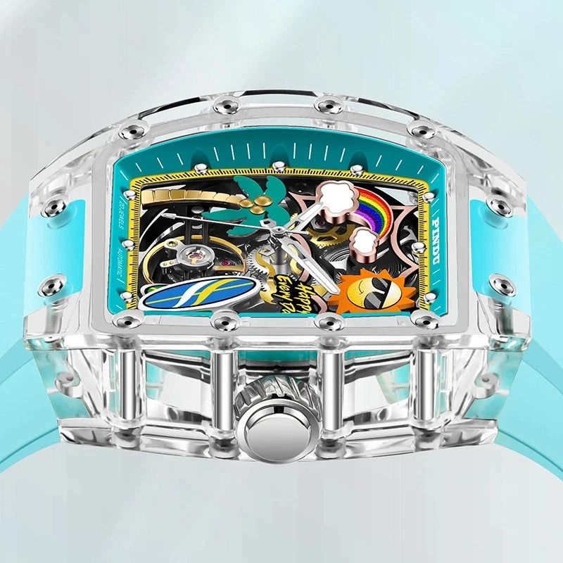 Close-up side view of Pindu Summer Beach tonneau mechanical watch featuring a tropical skeleton dial, clear resin case, and sky blue silicone strap.