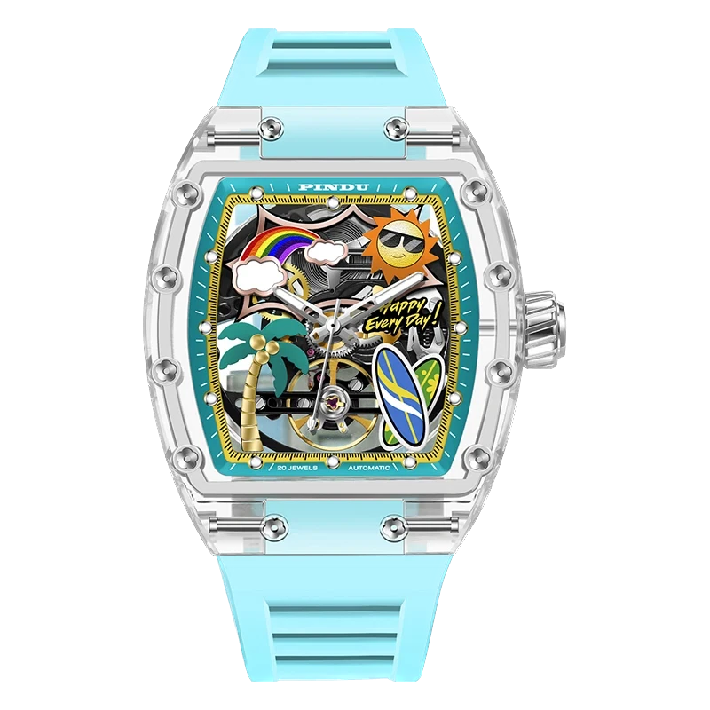 PINDU 6633 Summer Beach tonneau mechanical watch with skeleton tropical dial featuring palm tree, rainbow, and sun motifs; transparent resin case; sky blue silicone strap; front view.