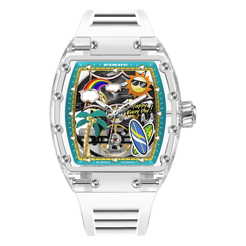 PINDU 6633 Summer Beach tonneau mechanical watch with skeleton tropical dial featuring palm tree, rainbow, and sun motifs; transparent resin case; white silicone strap; front view.