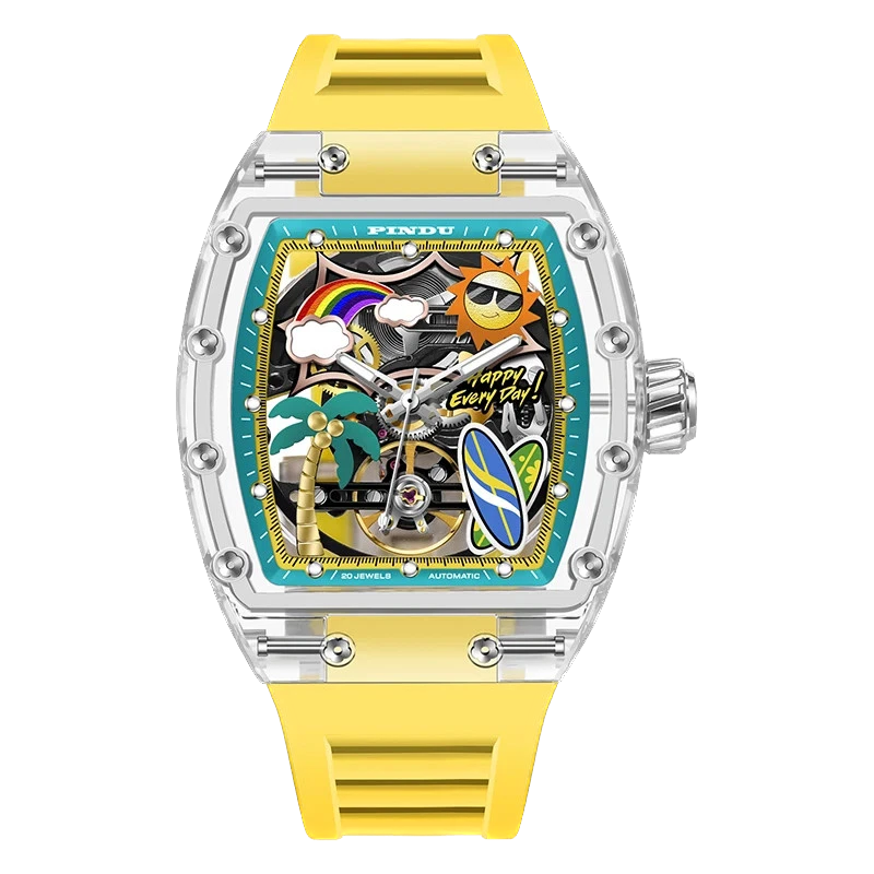 PINDU 6633 Summer Beach tonneau mechanical watch with skeleton tropical dial featuring palm tree, rainbow, and sun motifs; transparent resin case; yellow silicone strap; front view.